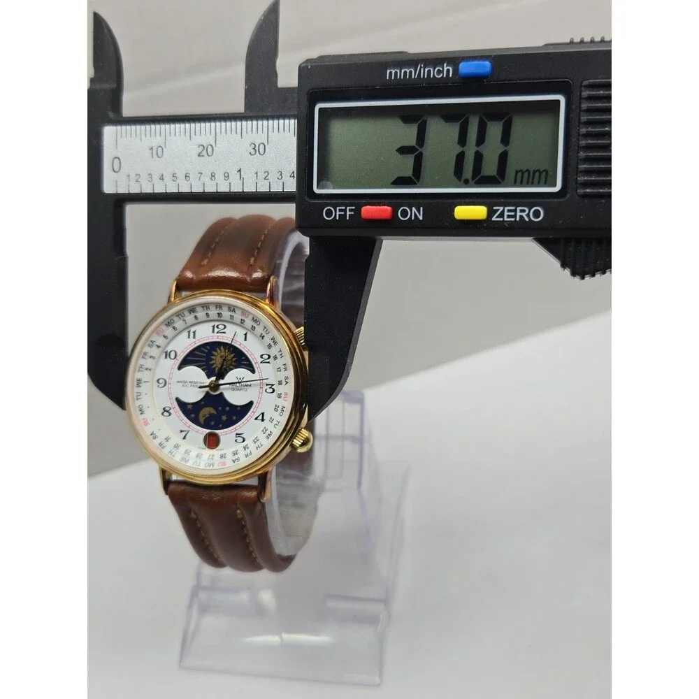 Waltham XF9020B Vintage Mens Sun Moon Calendar Goldtone Quartz Watch New Battery